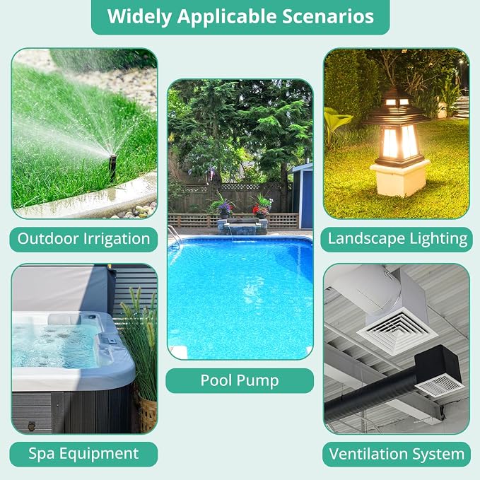 T104 Mechanical Pool Timer Switch, Weatherproof Plastic Enclosure, 208-277VAC 60Hz DPST, Indoor/Outdoor Install, for Pool Pump, Spa Equipment, Landscape Lighting, Outdoor Irrigation