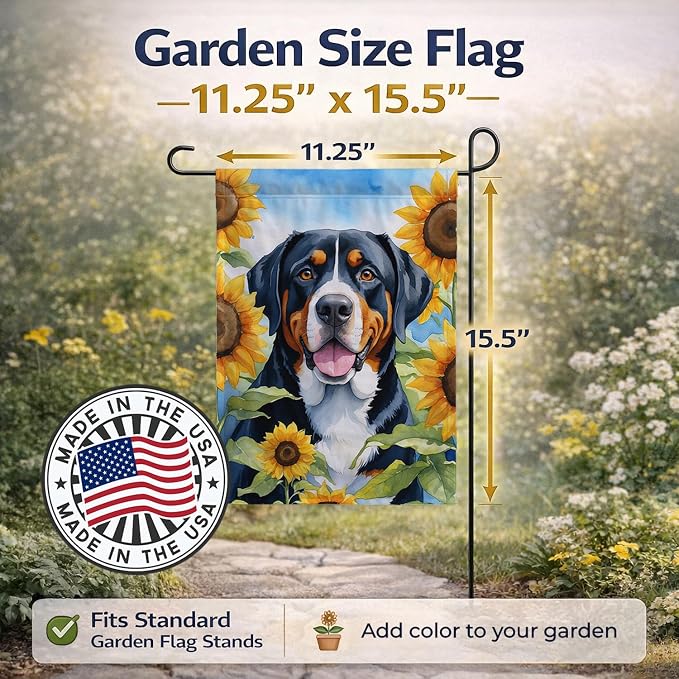Caroline's Treasures DAC6094GF Greater Swiss Mountain Dog in Sunflowers Garden Flag Mailbox Flag Decorative Yard Flag Banner Outside Patio Artwork Yard Flower Beds, Garden Size, Multicolor