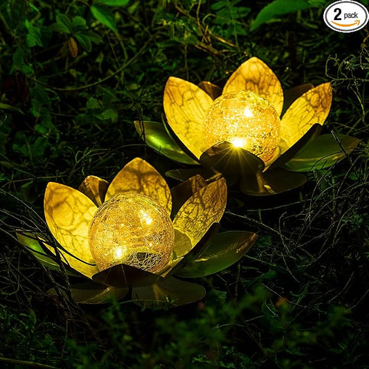 AIINY Garden Solar Lights Outdoor(2Pack), Amber Crackle Globe Glass Lotus Decoration, Waterproof Orange Metal LED Flower Lights for Patio,Lawn,Walkway,Tabletop,Ground, Garden Gifts for Women