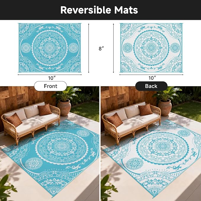 Pauwer Waterproof Outdoor Rug 8x10, Reversible Plastic Straw Patio Camping Rug, Indoor Outdoor RV Mat Carpet for Deck, Camper, Porch, Balcony, Backyard, Picnic, Paisley Teal