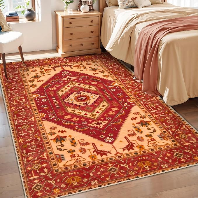 SERISSA 3x5 Washable Non Slip Boho Area Rug for Bedroom，Red | Ultra Soft Vintage Oriental Carpet Low-Pile Distressed Tribal Throw Rug Carpet for Living Room Nursery Kitchen Dorm Decor