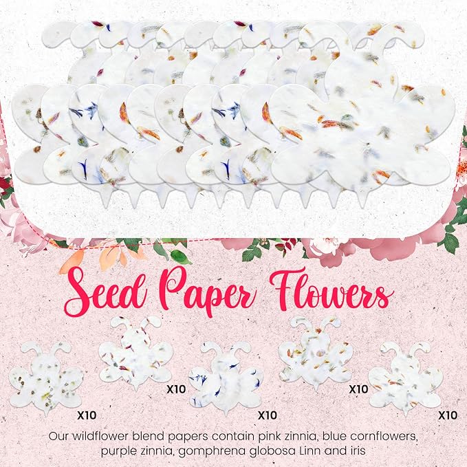 Dunzoom 50 Pcs Handmade Seed Paper Plantable Wildflower Seed Paper Recycled Flower Petals Tags Wedding Favors for Guests Craft Gifts Cards for Envelope Birthday Party, 5 Styles (Bee Shape)