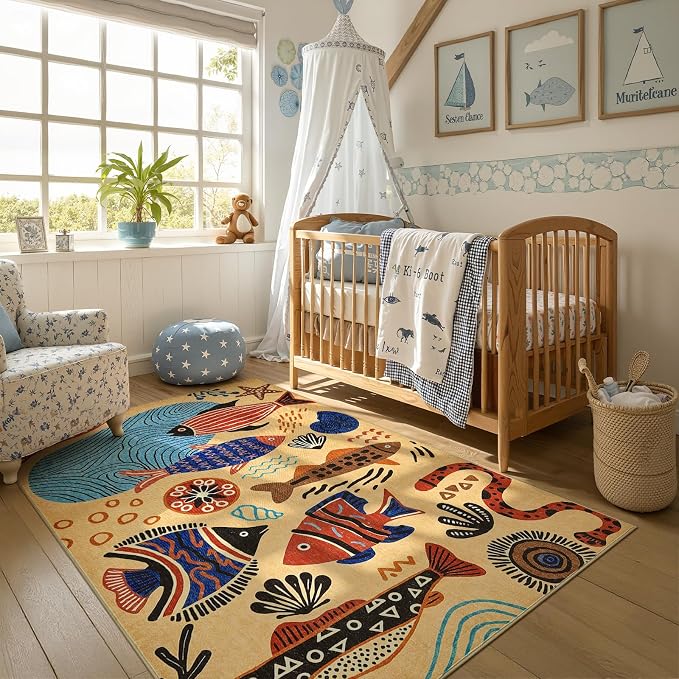 jinchan 5x7 Coastal Area Rug Washable Kids Rug Colorful Ocean Fish Mat, Tan | Soft, Cozy, Non-Slip, Kid-Friendly, Lightweight, Entryway, Kitchen, Dorm, Bedroom, Living Room, Playroom, Nursery, Daycare