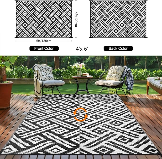 Outdoor Patio Plastic Straw Rug - 4x6 ft Outdoor Camping Rug Waterproof Reversible, Area Carpet Patios RV, Outside Porch Balcony Deck for Camper, Moden Black White