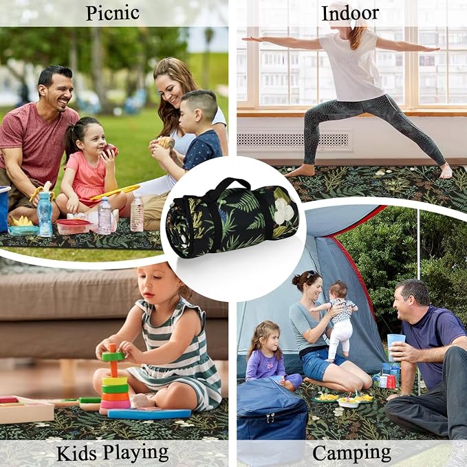 Picnic Blankets Waterproof Foldable Extra Large,80"x 80" Outdoor Beach Blanket Sandproof,3-Layer Lightweight Handy Mat Tote Picnic Camping Rugs for Outside Your Rv (Botanical Fern Leaves Floral Sage)