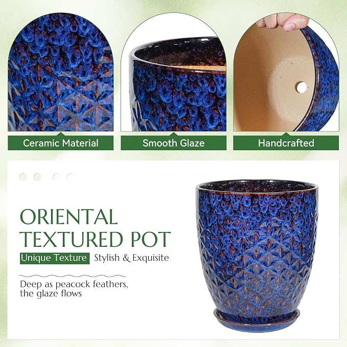 9.5 Inch Flower Pots for Indoor Plants,Ceramic Planter with Saucer Drainage Leak-Proof Mesh Gardening Gloves (Peacock-Blue)