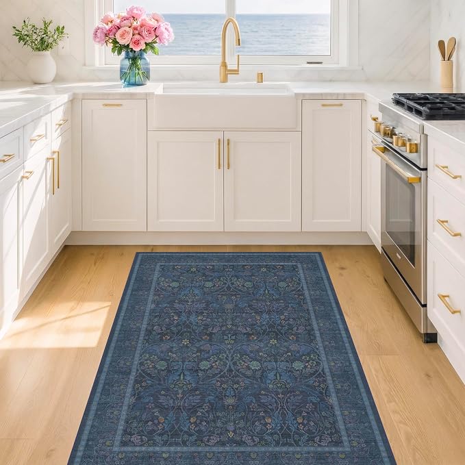 4x6 Washable Kitchen Rugs - Navy Blue Large Entryway Rugs Indoor, Non Slip Area Rug for Mudroom, Bedroom, Low Pile Stain Resistant Flower Victorian Carpet (Dark Blue)