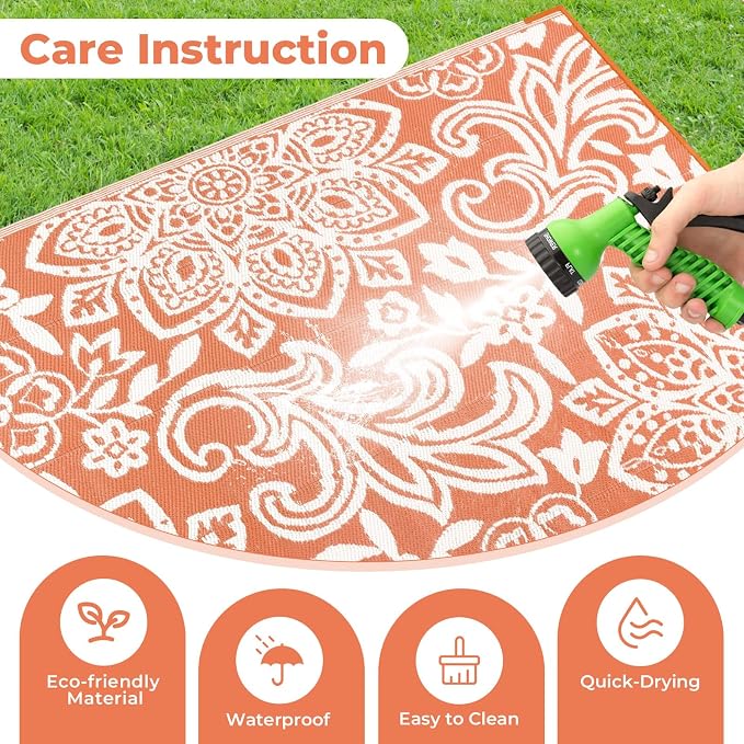 Findosom Waterproof Outdoor Rug 6' x 9' - Reversible Mandala Outdoor Plastic Straw Rug, Durable Foldable Patio Rug for RV, Deck, Balcony, Backyard, Picnic, Porch, Camping, Beach, Orange