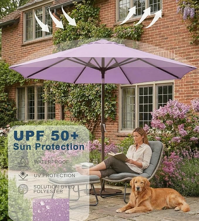 PatioKingdom 9FT Patio Outdoor Umbrella-UPF 50+ Sun Shade with Wind Vent, Push-Button Tilt & Smooth Crank Lift, Rust-Resistant Fiberglass Frame for Garden, Backyard,Yard (Taro Purple)