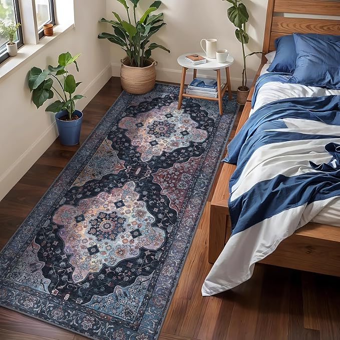 Tangsoo 2x6 Washable Runner Rug for Hallways, Oriental Non Slip Rug Runners | Boho Soft Low Pile Rug, Vintage Print Carpet Hallway Runner for Kitchen Bedroom Entryway Bathroom Living Room Blue Decor