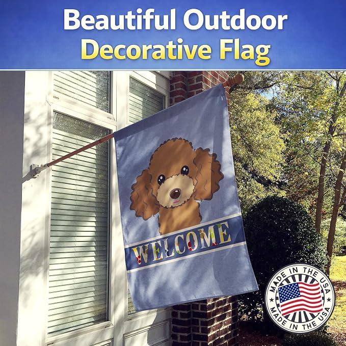 Caroline's Treasures BB1442CHF Chocolate Brown Poodle Welcome House Flag, Blue Large Porch Sleeve Pole Decorative Outside Yard Banner Artwork Wall Hanging, Polyester, House Size, Multicolor