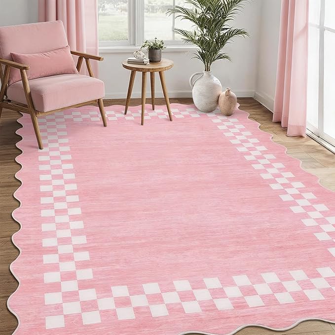 GarveeHome Small Bedroom Area Rug 3x5 Checkered Area Rug for Living Room | Nursery Non Slip Kitchen Throw Carpet Low Pile Modern Bordered Rugs Washable Pink Rugs for Laundry Entryway, Pink