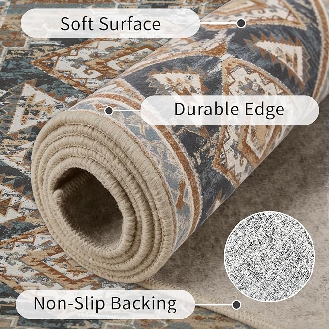 Washable 9x12 Area Rug for Living Room, Rustic Farmhouse Low-Pile Non-Slip Carpet, Stain Resistant Vintage Southwestern Large Rug for Bedroom Dining Room, Blue Rust Ivory
