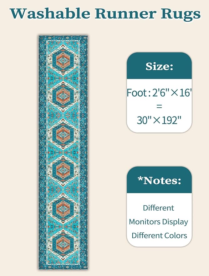 SERISSA 2'6"x16' Washable Non Slip Boho Runner Rug for Hallway，Blue | Ultra Soft Vintage Oriental Carpet Low-Pile Tribal Floor Carpet for Kitchen Bedroom Entryway Bathroom Laundry Room