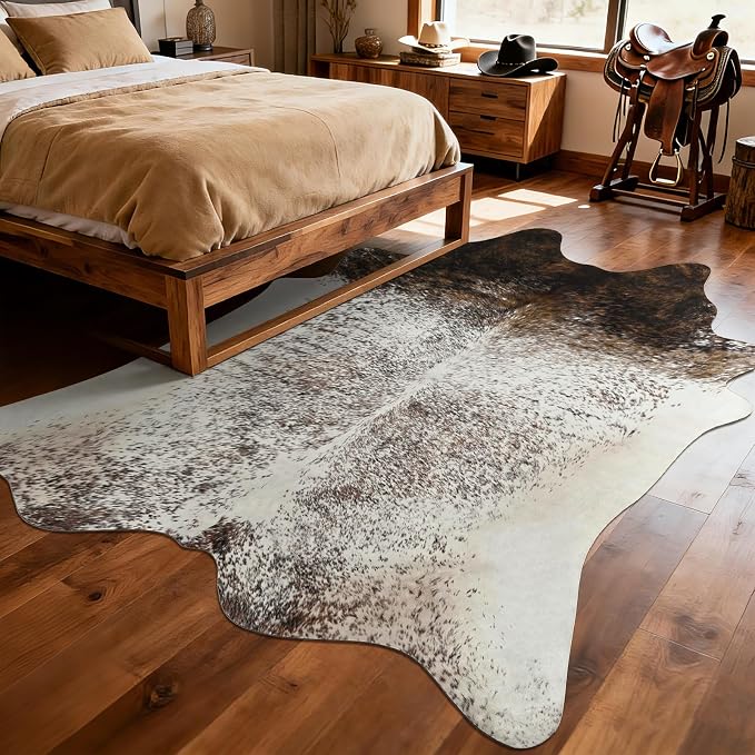 4x5 Cowhide Rug, Washable Faux Brown and White Hide Area Rugs for Bedroom, Southwestern Odd Shape Animal Print Carpet for Under Coffee Table Nursery, Faux Cowhide Fabric Decor