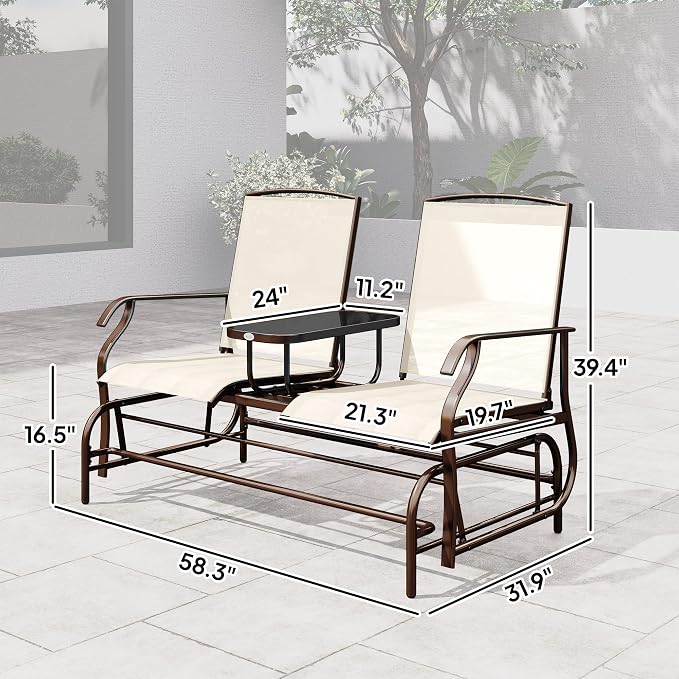 Outsunny Outdoor Glider Bench with Center Table, Metal Frame Patio Loveseat with Breathable Mesh Fabric and Armrests for Backyard Garden Porch, Beige