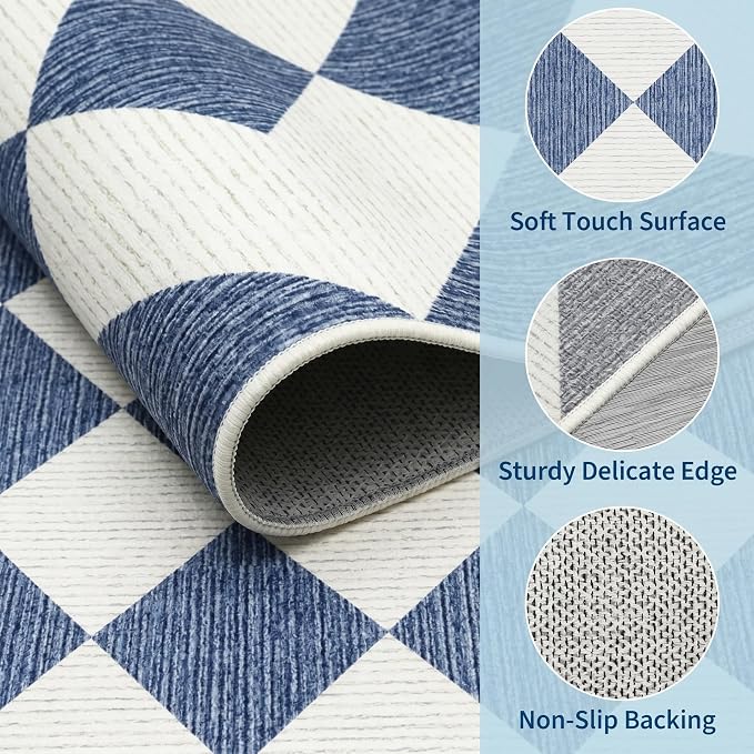 GarveeHome Checkered Rug Runners Hallway 2x6 Navy Blue Kitchen Runner | Non Slip Soft Diamond Print Entryway Rug Thin Laundry Mat Stain Resistant Carpet for Bedroom Bathroom Beside