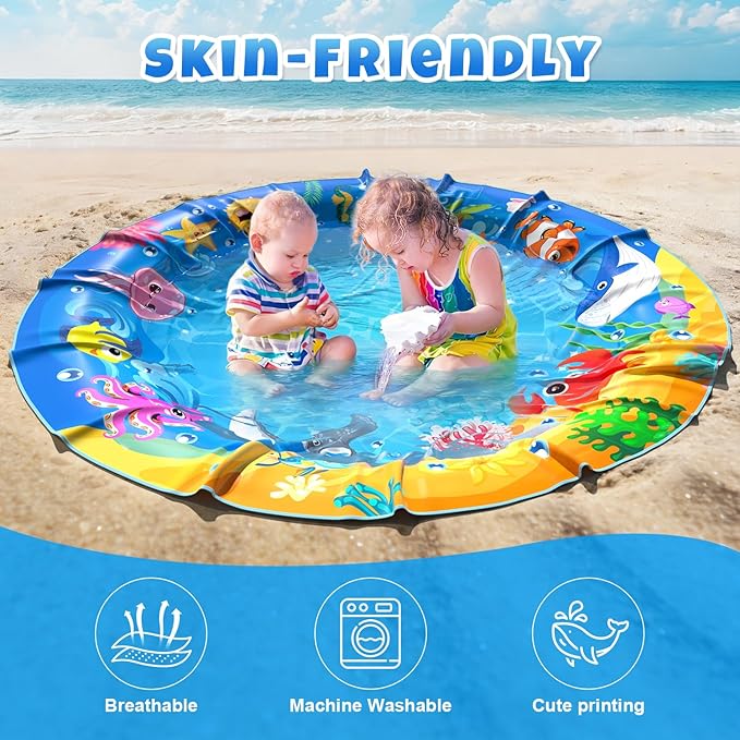 Baby Beach Pool, Waterproof Beach Pool Blanket for Toddler, 2 in 1 Toddler Paddling Pool with Carrying Bag, Collapsible Beach Puddle Mat for Boys Girls Kids Infant Outdoor Beach Toys