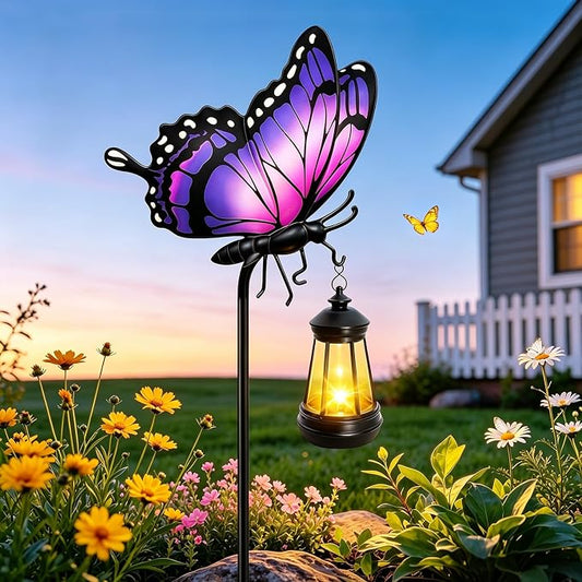 Solar Butterfly Garden Lights Outdoor, Purple Butterfly Hanging Lantern with Warm LED Glow, Waterproof Metal Stake Light for Yard Patio Lawn Pathway, Decorative Solar Garden Decor Gifts for Women Mom