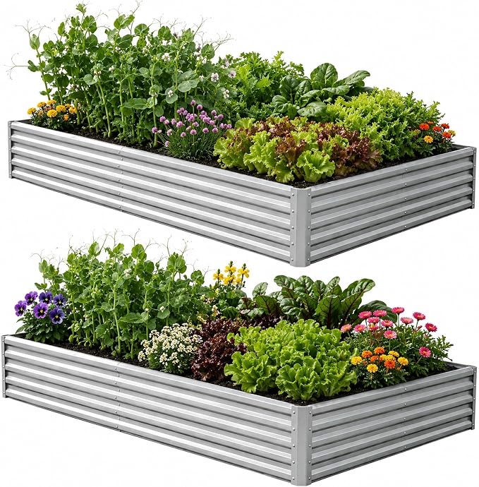 TATAANTY Galvanized Raised Garden Bed 8x4x1 ft(2 Pack),Outdoor Planter Box Metal Patio Kit Planting Bed for Vegetables Flowers and Succulents,Silver