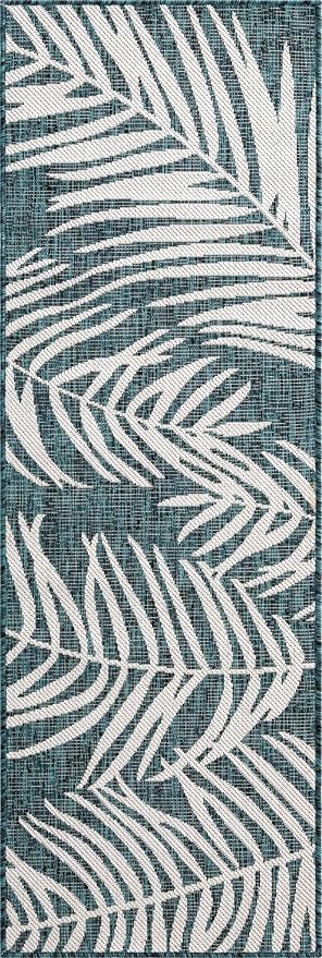 Unique Loom Outdoor Botanical Collection Area Rug - Palm (2' x 6' 1" Runner, Teal/ Ivory)