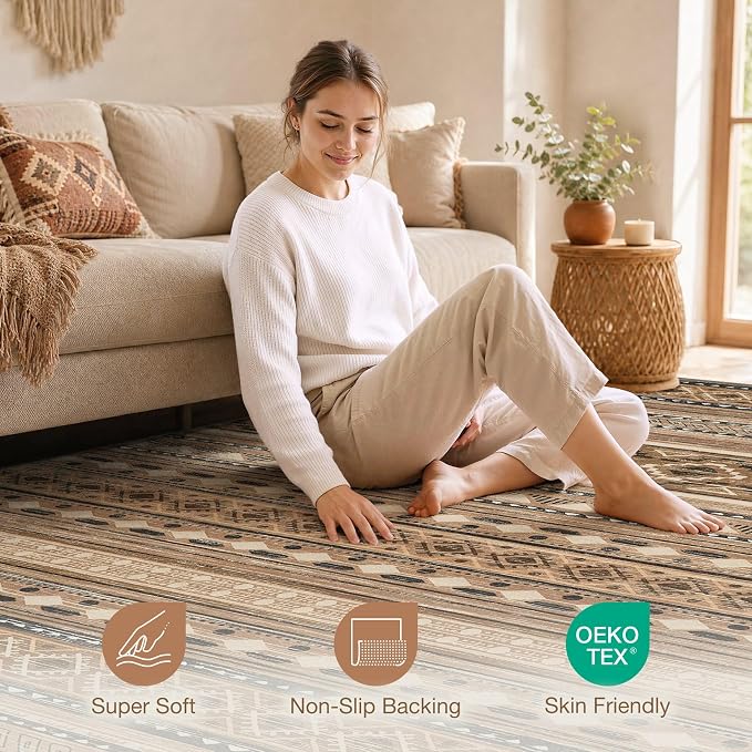 cotiled Boho 7x9 Area Rug for Living Room: Large Moroccan Washable Rug | Solve Modern Neutral Trendy Home Decor - Stain Resistan Indoor Carpet for Bedroom Dining Room Brown Beige
