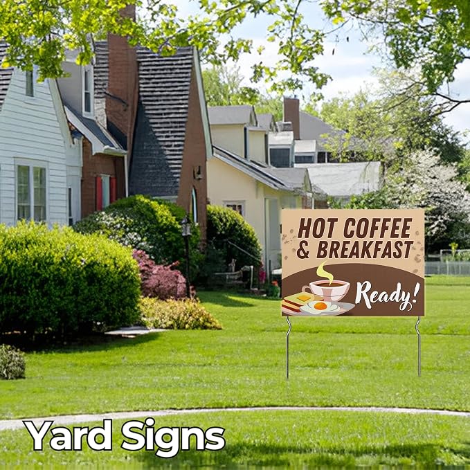Hot Coffee & Breakfast Ready! Yard Sign by DC | 24"x18" Double Sided Conv. Store Garden Sign with 13” Metal Stakes | Outdoor Signs Waterproof for Lawn, Patio, Sidewalk & House | Set of 5 | Made in USA
