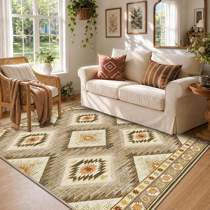4'x6' Washable Area Rug for Living Room Bedroom Cream/Camel | Soft Western No Slip Low Pile Print Foldable Indoor for Kitchen Dining Room