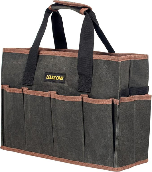 Tool Bag 16 oz. Waxed Canvas Tool Bag Large Capacity Tool Storage Tote comes with a Main Compartment and 12 Exterior Pockets for Wrenches, Scissors, Hammers or a set of Garden Tools and More ArmyGreen