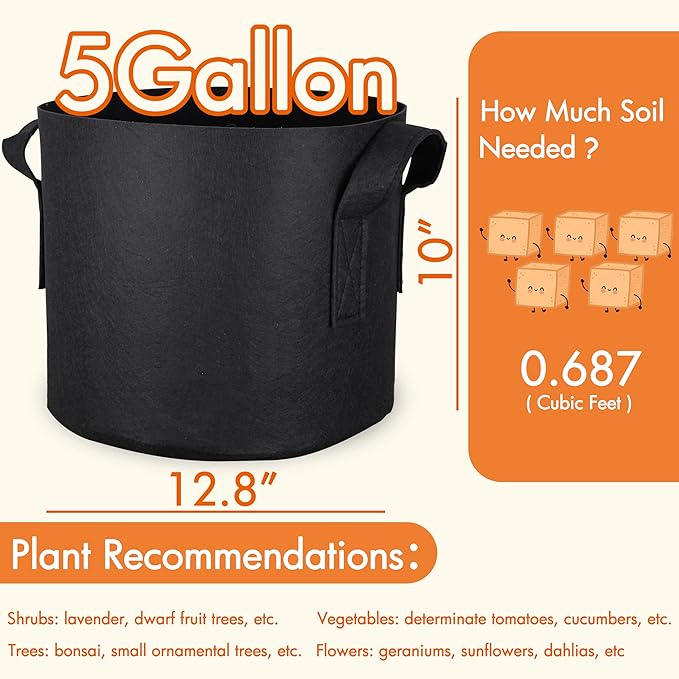 Gardzen 10-Pack 5 Gallon Grow Bags, 300G Thickened Fabric Grow Bags with Handles, Heavy Duty Aeration Plant Grow Bags for Indoor & Outdoor Use