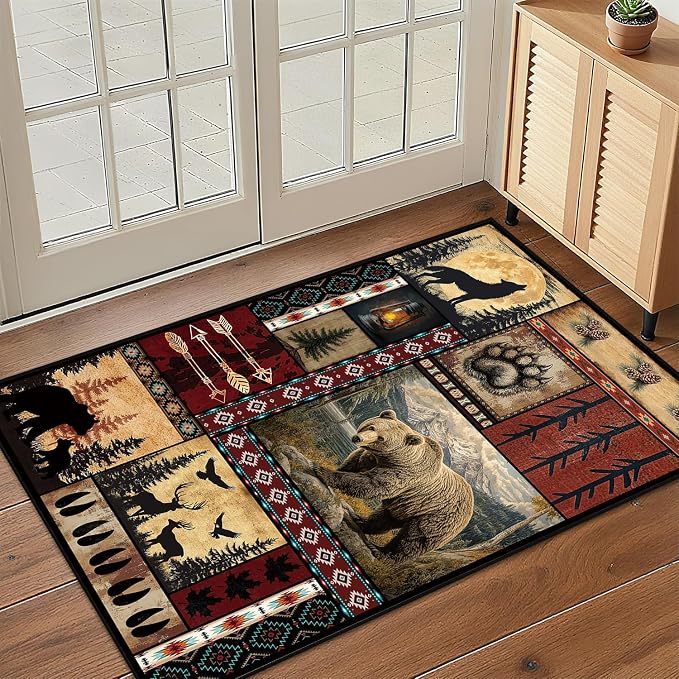 Rustic Cabin Area Rug 2x3 for Living Room, Bear Deer Print Mat, Western Animal Decor Non-Slip Low-Pile Machine Washable Door Floor Carpet for Dining Room Bedroom Office