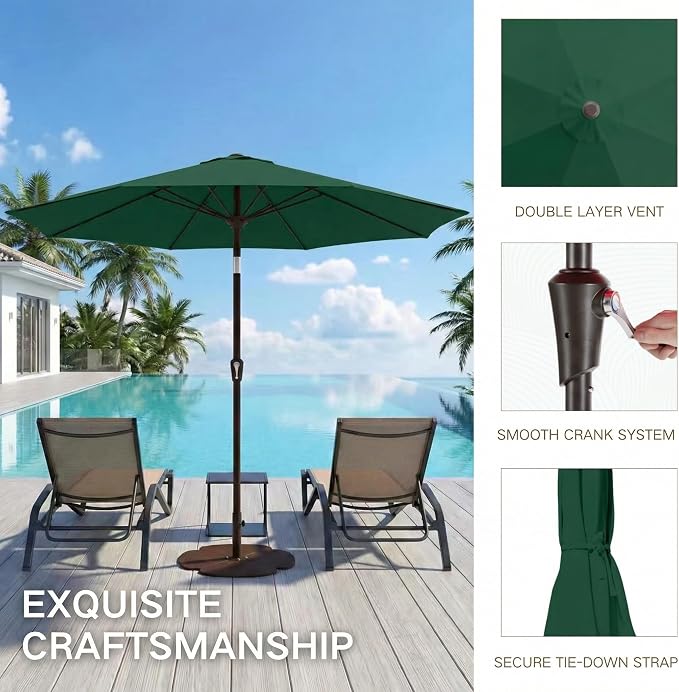 Kingdura 10FT Outdoor Patio Umbrella, Round Market Table Umbrella with Push‑Button Tilt and Crank Lift, 8 Sturdy Metal Ribs, UV50+ Protection Canopy for Backyard, Lawn, Deck, Poolside, Garden (Dark green)