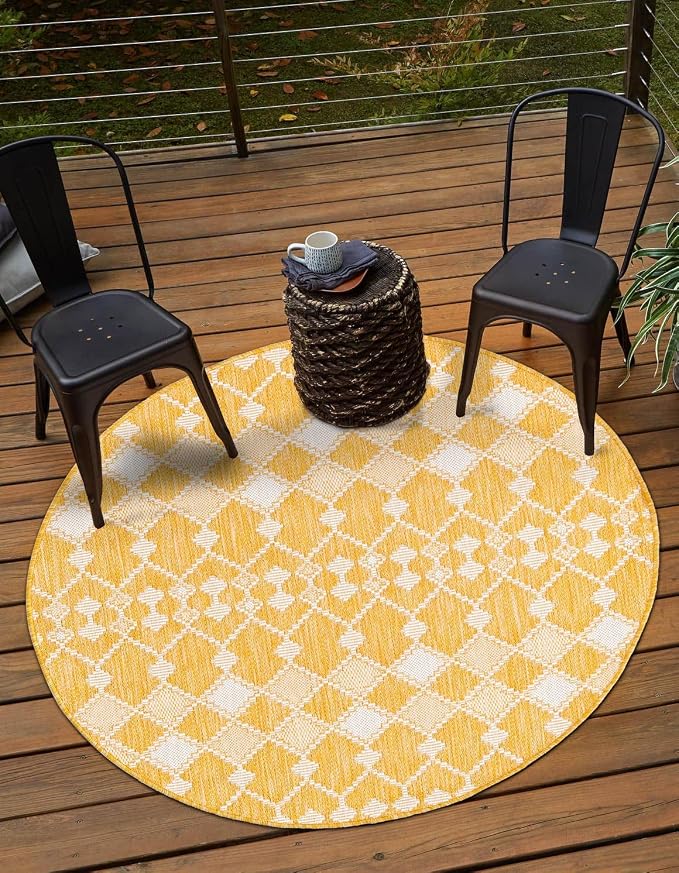 Unique Loom Outdoor Trellis Collection Area Rug - Traliccio (10' Round, Yellow/ Ivory)