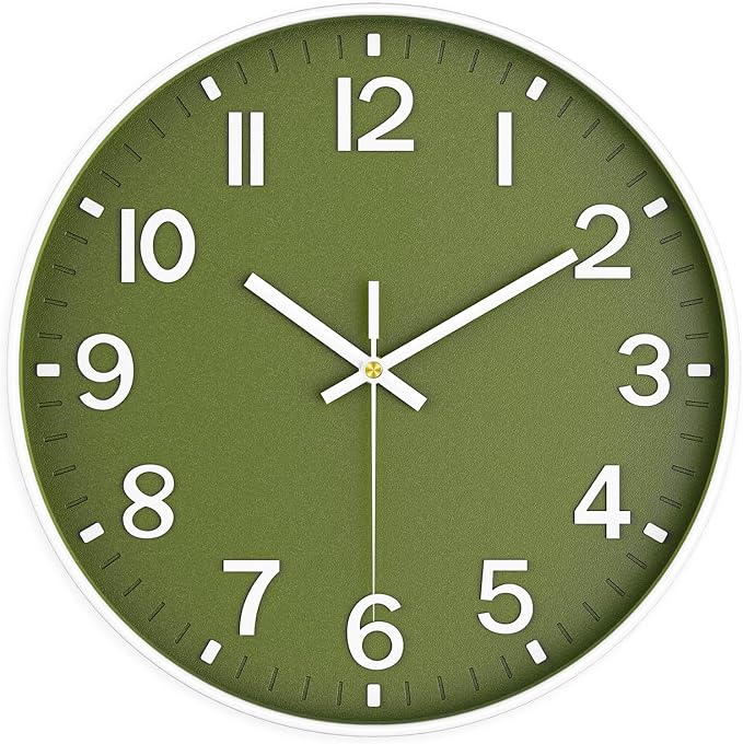 Wall Clocks Battery Operated, 12 Inch Non Ticking Wall Clock, Silent Analog Clock for Bedroom Living Room Kitchen Office Gym Classroom Decor, Large Number Clocks for Seniors, Olive Green