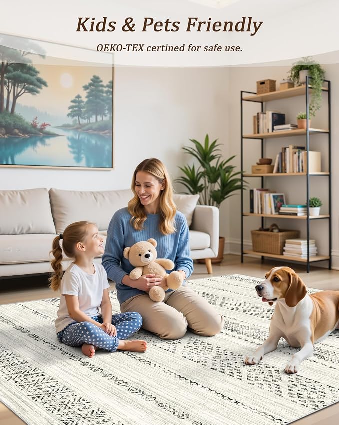 Miukiki 5x7 Washable Area Rug for Living Room, Soft Non Slip Rug Grey | Non-Slip Thin Throw Rug for Bedroom Kitchern Dining Room Office, Low Pile Indoor Floor Carpet with Vintage Pattern 5'x7'