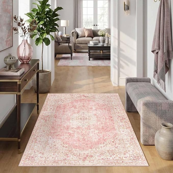 Latte&Fog Vintage Pink Area Rugs 4x6, Washable Cute Small Rugs for Girls | Bedroom Dining Kitchen Kids Playroom Nursery Classroom Dorm Farmhouse Office, Non Slip Low Pile Soft Floral Carpet