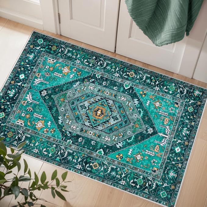 SERISSA 2x3 Washable Non Slip Boho Small Area Rug for Entryway，Teal | Ultra Soft Vintage Oriental Carpet Low-Pile Tribal Indoor Mat for Bedroom Kitchen Bathroom Entrance Floor