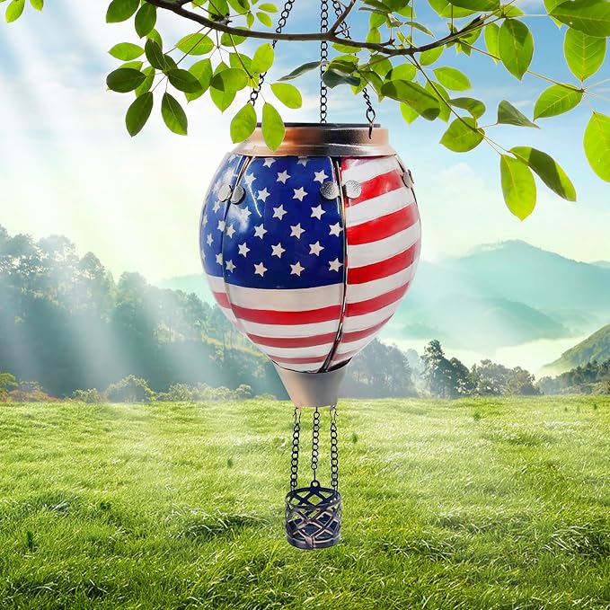 Glass Solar Hot Air Balloon Lantern with Flame Hanging Garden Flickering Light Outdoor Waterproof for Yard Patio Tree 4th of July Decorations, Flag