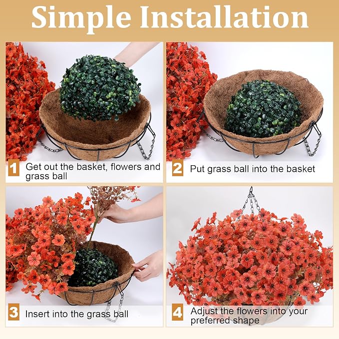 Artificial Hanging Basket Flowers, 24 Pcs Orange Mums, UV Outdoor Flowers | Look Real Mums Flowers with Hanging Baskets for Autumn Porch Patio Balcony Yard Home Decor