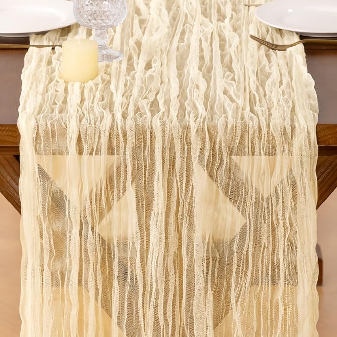 Socomi Beige Cheesecloth Table Runner Tulle Gauze Cheese clothBoho Rustic 120 inch 10FT Runner for Wedding Party Baby Shower Birthday Holiday Decorations 3pcs