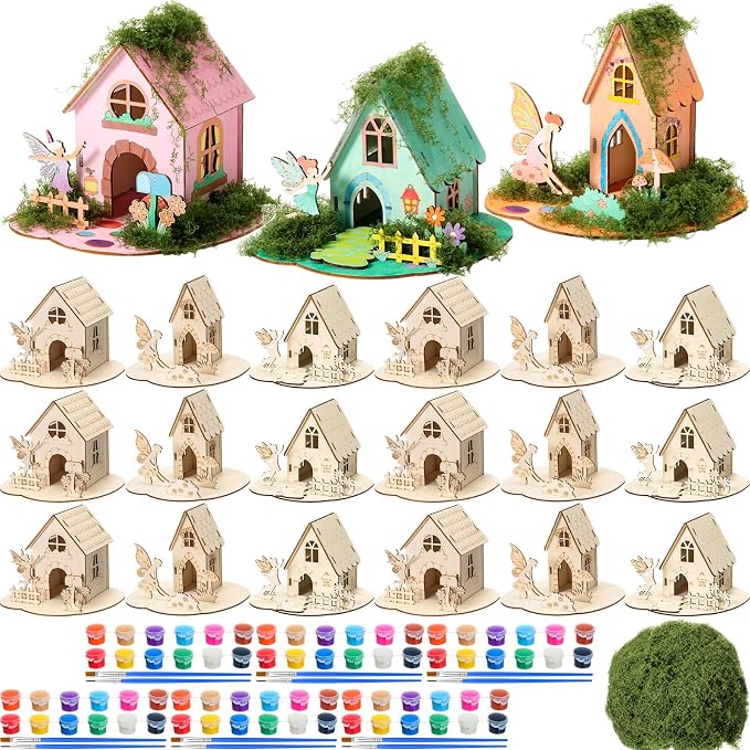 DoubleFill 18 Sets Wooden Fairy House Kit Craft - DIY Fairy Garden with Paints & Decorations - Arts Crafts & Birthday Gift for Craft Activity Party Decor (Cute Tall)