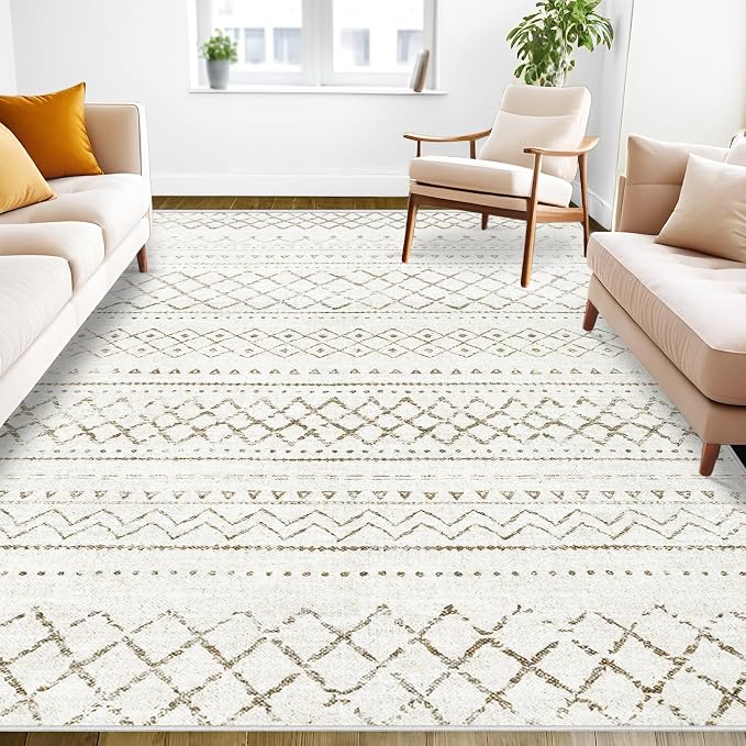 Area Rug Living Room Rugs 5x7 - Large Soft Boho Geometric Rugs, Non-Slip Foldable Washable Area Rug Non Shedding Morden Indoor Floor Carpet for Living Bedroom Office Dining Room (Brown,5' x 7')
