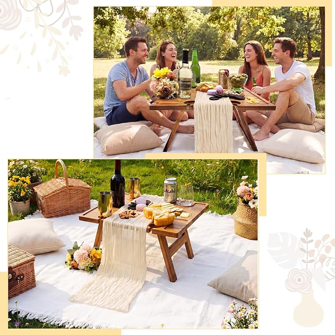 Novabright 3 Pcs Picnic Kit Folding Portable Wine Picnic Table Extra Large Outdoor Boho Blanket 91'' x 71'' Table Runner Woven Cotton Oversize Washable for Romantic Camping Wedding(Beige)
