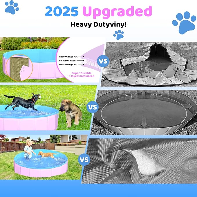 CACSPS 2025 Updated Foldable Dog Pool, 55" x 12" Kiddie Pool with Hard Plastic, Non-Slip Dog Bath Tub for Outdoor Backyard, Collapsible Dog Swimming Pool for Kids Dogs Pets (Pink)
