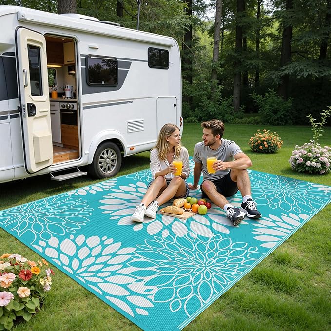 Ileading Waterproof Outdoor Rug 6x9, Reversible Plastic Straw Patio Rug, Portable Indoor Outdoor RV Camping Mat Carpet for Deck, Porch, Balcony, Backyard, Picnic, Floral Teal