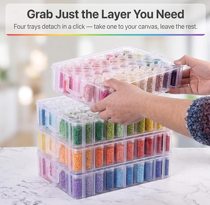 Diamond Painting Storage Container, 4-Tier Bead Organizer Box with 200 Slots, Stackable Crafts Organizers for DIY Diamond Art Accessories Craft Jewelry Bead Storage