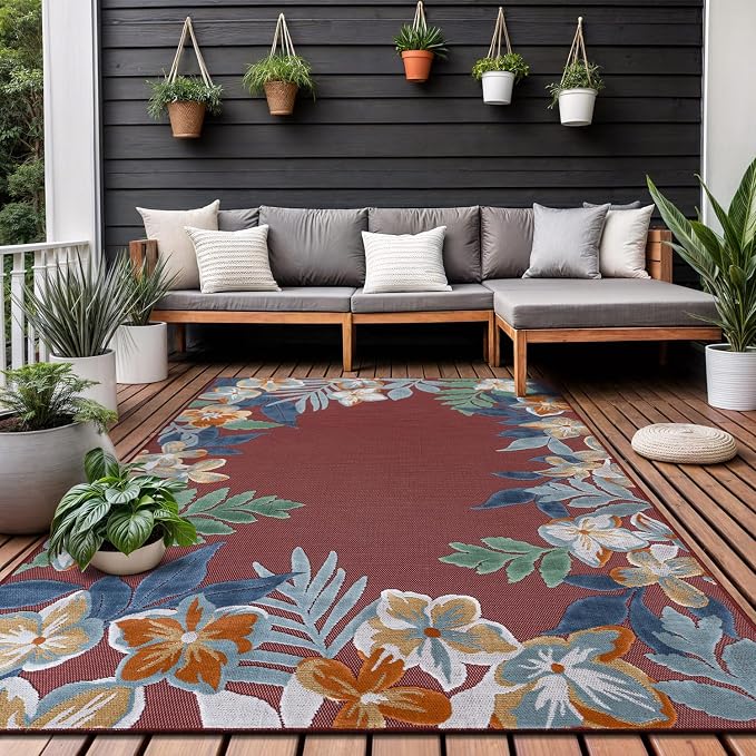 Outdoor Rug 10x14 Washable Area Rugs Indoor Outdoor Carpets Red Border Floral Non Shedding Waterproof Easy Clean Patio Deck Porch Living Room Bedroom Garden RV (10 X 14 Red)
