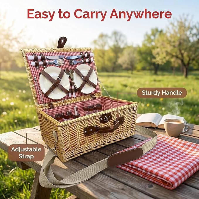 Multifunctional Wicker Picnic Basket Set for 4 Blanket Family Folding Wine Table,Insulated Portable Extra Big Storage Capacity Woven Rattan Canasta De Full Tablewares Camping Outdoor Flowers Pink