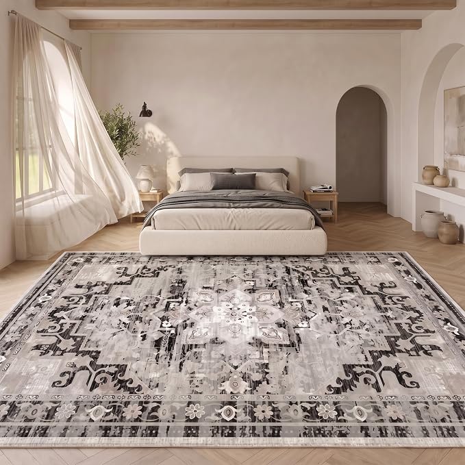 Washable Area Rug 8x10, Grey Vintage Persian Style Floral Living Room Rug | Machine-Washable Rug, Distressed Design Area Rugs, Modern Classic Transitional Style, Bedrooms Rug, Non-slip Backing