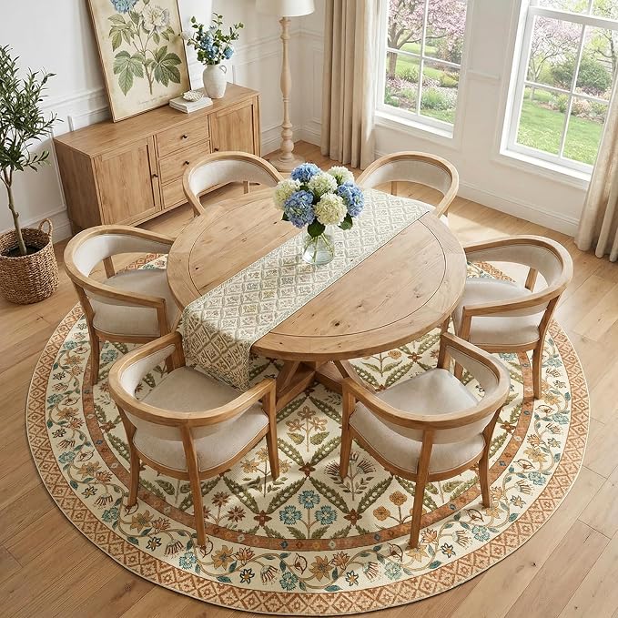 jinchan Round Rug 8ft Vintage Floral Washable Circle Area Rug, Terracotta | Soft & Lightweight, Checkered Floral, Low Pile, Non Slip, Dining Room, Living Room, Bedroom, Girls Room, Kids Room Decor